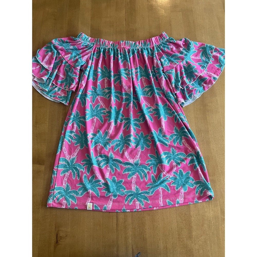 NEW Simply Southern‎ Women's Pink Palm Tree Off Shoulder Ruffle Sleeve Blouse S